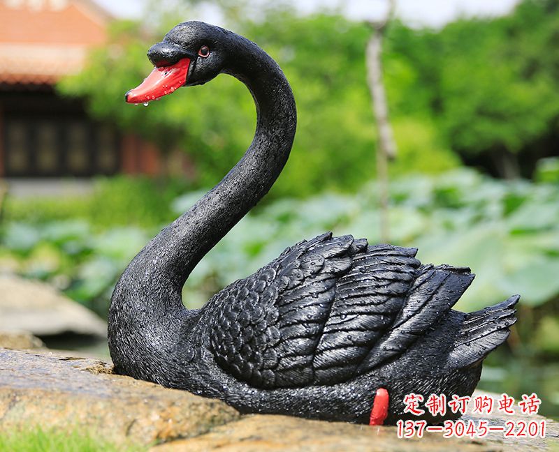 甘肃玻璃钢雕刻的黑色天鹅——美丽宁静的公园园林摆件