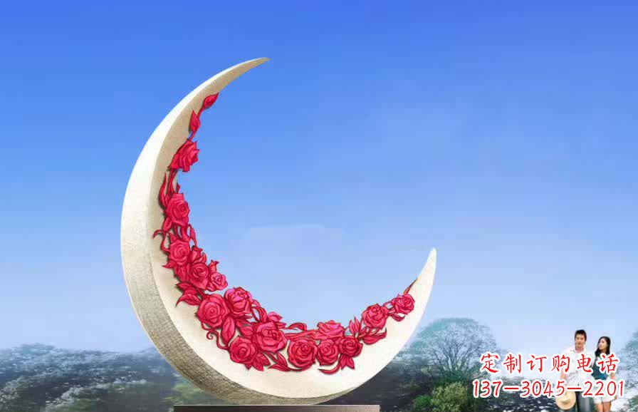 甘肃不锈钢广场月亮雕塑月光下的璀璨美景