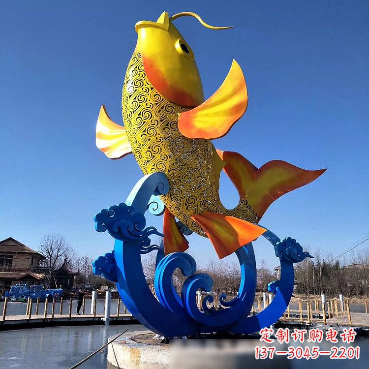 甘肃彩绘不锈钢鱼跃雕塑-大型水景喷泉动物雕塑