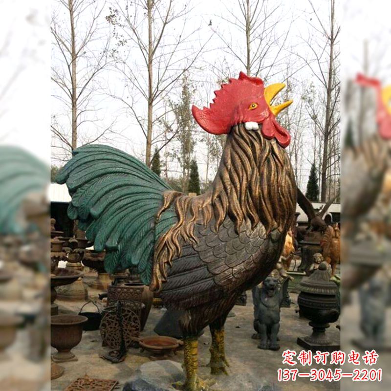 甘肃彩绘铜雕公鸡生肖动物雕塑