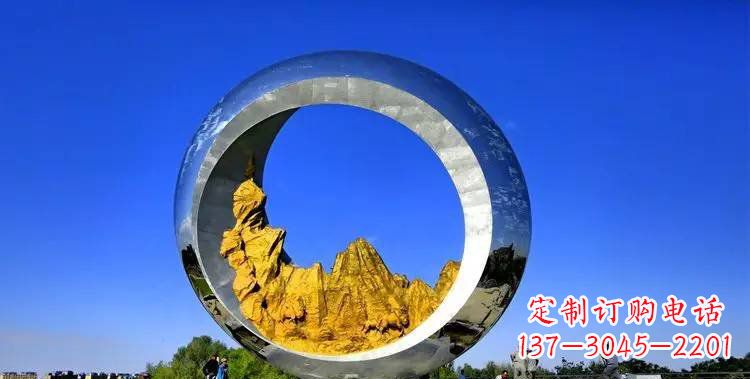甘肃城市不锈钢月亮和山水风景雕塑
