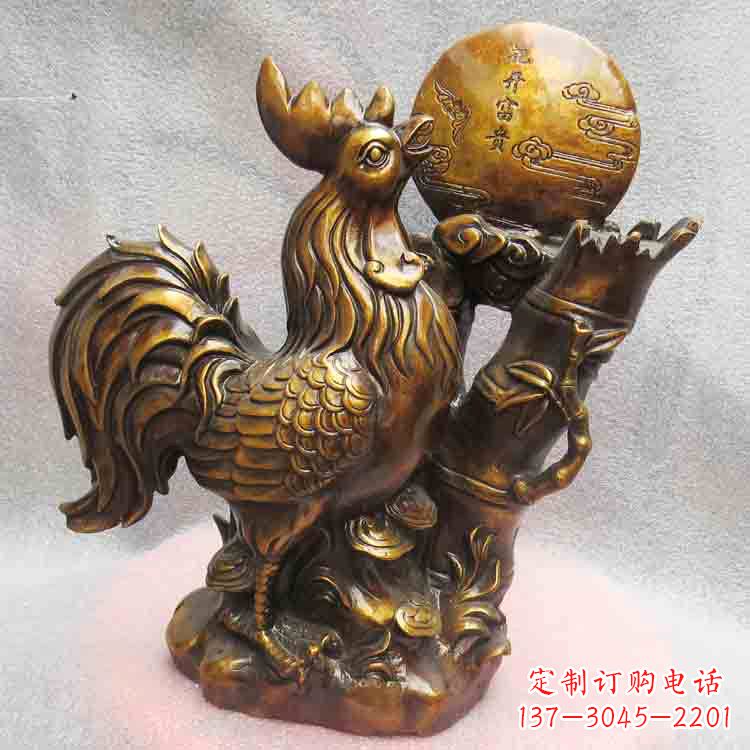 甘肃纯铜公鸡雕塑-花开富贵生肖动物摆件