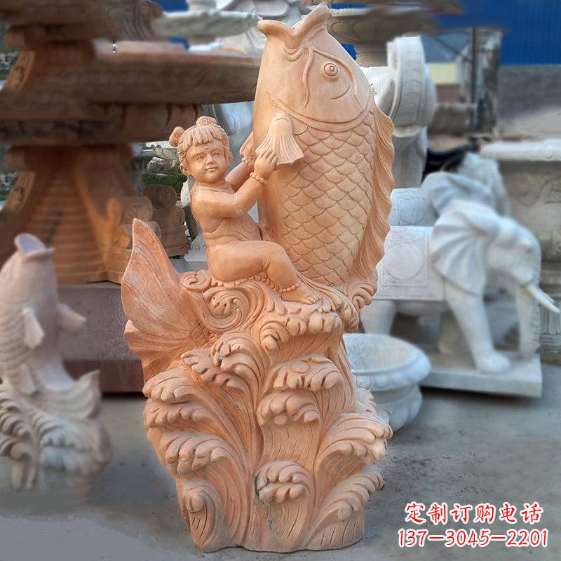 甘肃大型喷水鲤鱼景观雕塑-晚霞红石雕动物喷泉