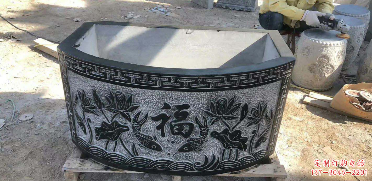 甘肃精致方口石浮雕水缸雕塑