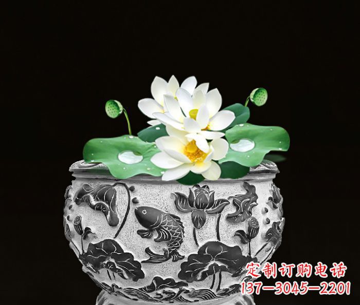 甘肃仿古荷花鲤鱼雕塑石水缸