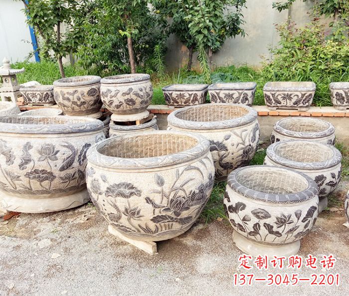 甘肃仿古荷花鲤鱼石浮雕水缸 (2)
