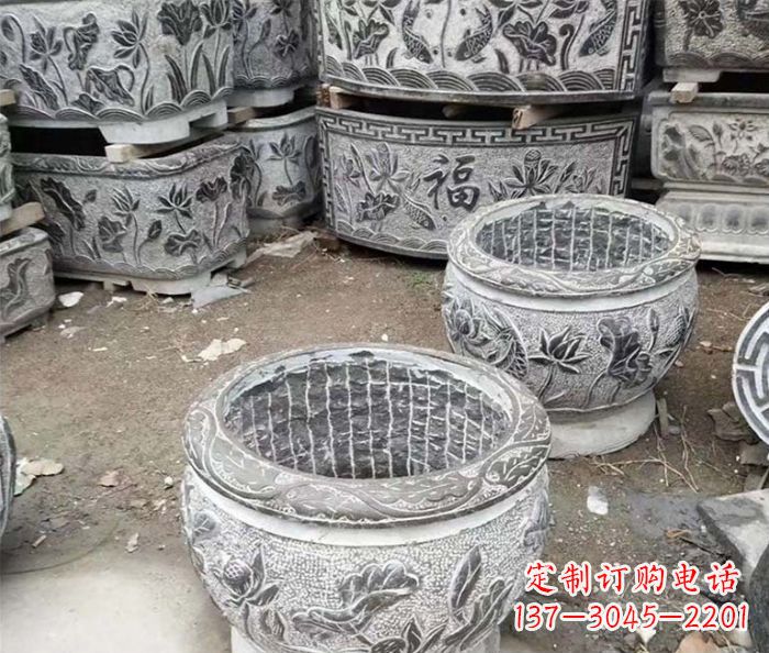 甘肃仿古荷花石浮雕水缸塑像