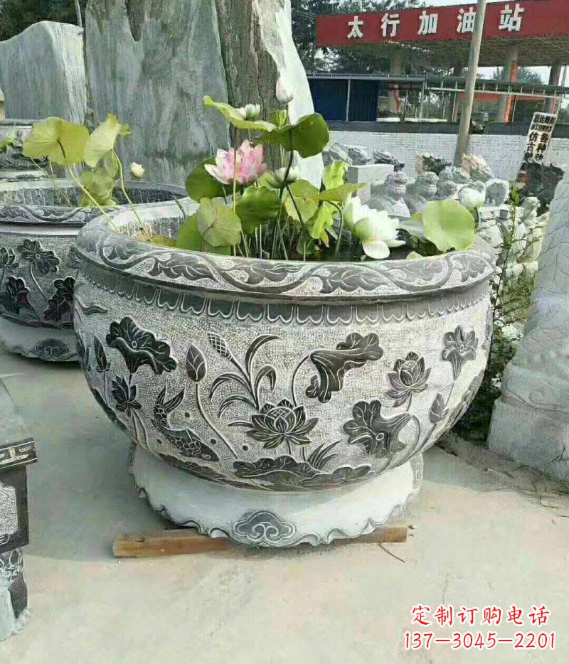 甘肃仿古石雕荷花水缸——精美的艺术品