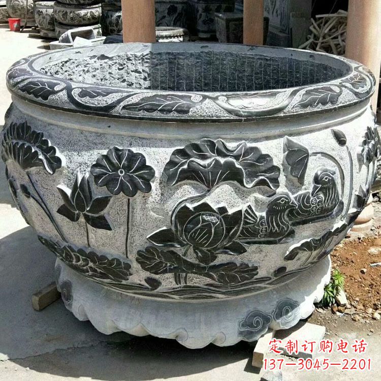 甘肃极致精细仿古圆形鱼缸石雕
