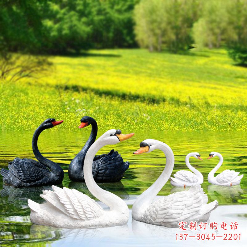 甘肃仿真天鹅玻璃钢雕塑-黑白天鹅园林水景装饰动物摆件