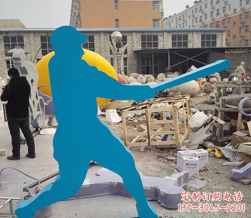 甘肃公园不锈钢打棒球雕塑2