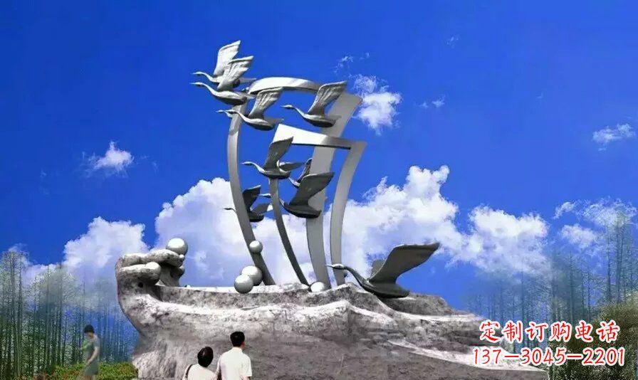 甘肃艺术家手工制作的不锈钢飞翔天鹅雕塑