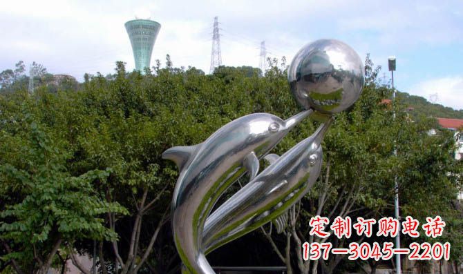 甘肃高贵静谧的不锈钢海豚顶球雕塑