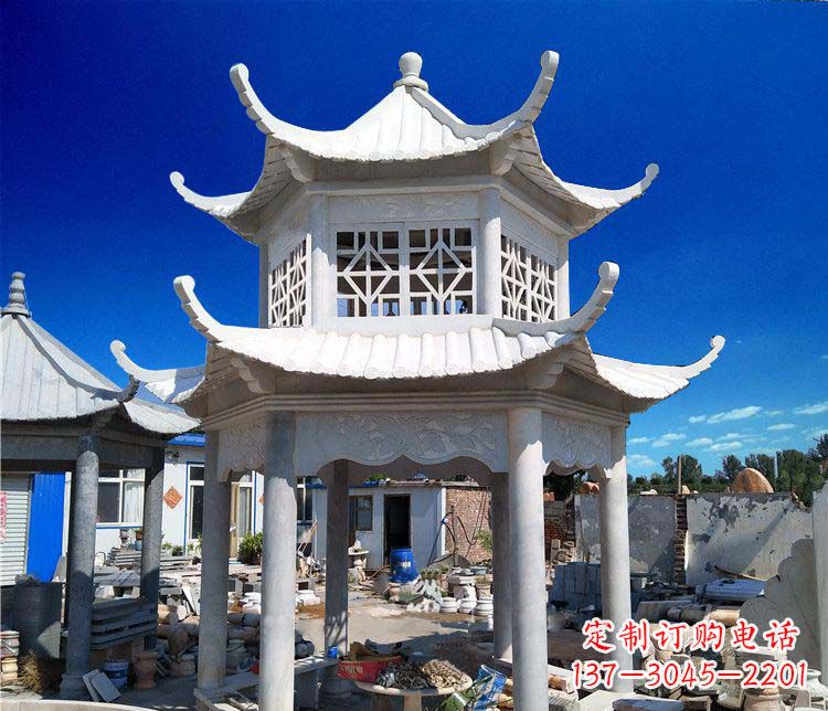 甘肃公园大理石六角石雕双层凉亭