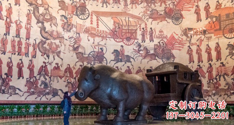 甘肃传统风格铜河马拉车景观雕塑