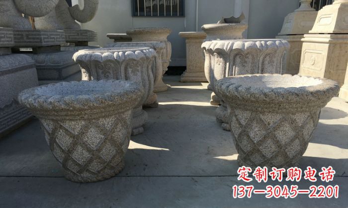 甘肃公园景观花篮式花盆石雕 (2)