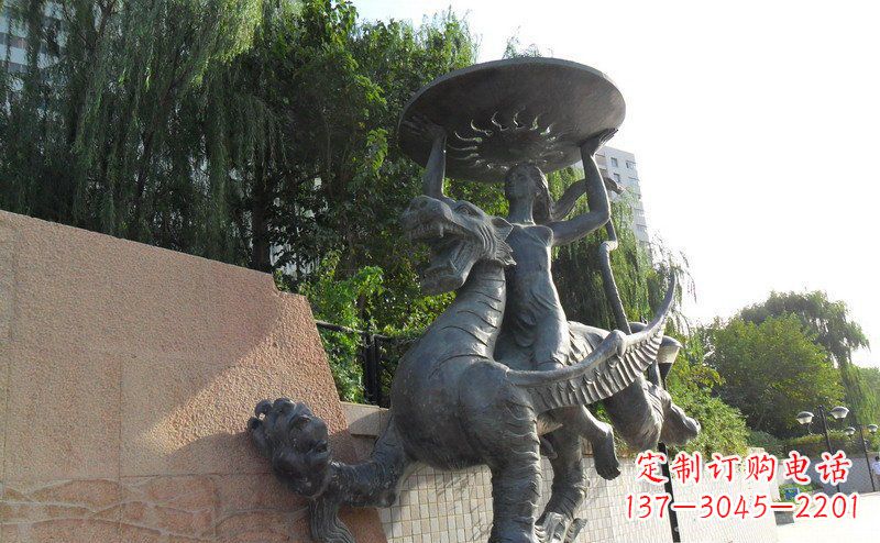 甘肃公园骑着飞龙的人物景观铜雕