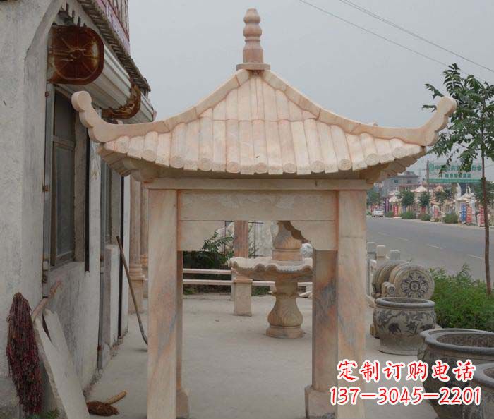 甘肃精美红六角石凉亭雕塑