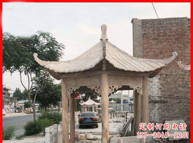 甘肃公园晚霞红六角石凉亭雕塑