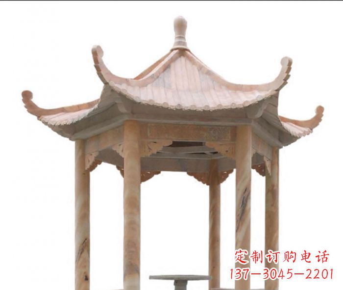 甘肃美丽而优雅的公园晚霞红六角石凉亭雕塑