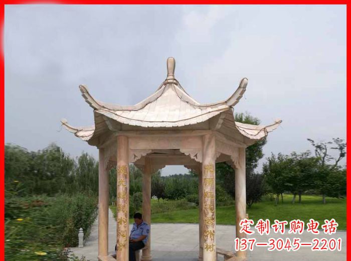 甘肃晚霞红六角石凉亭雕塑