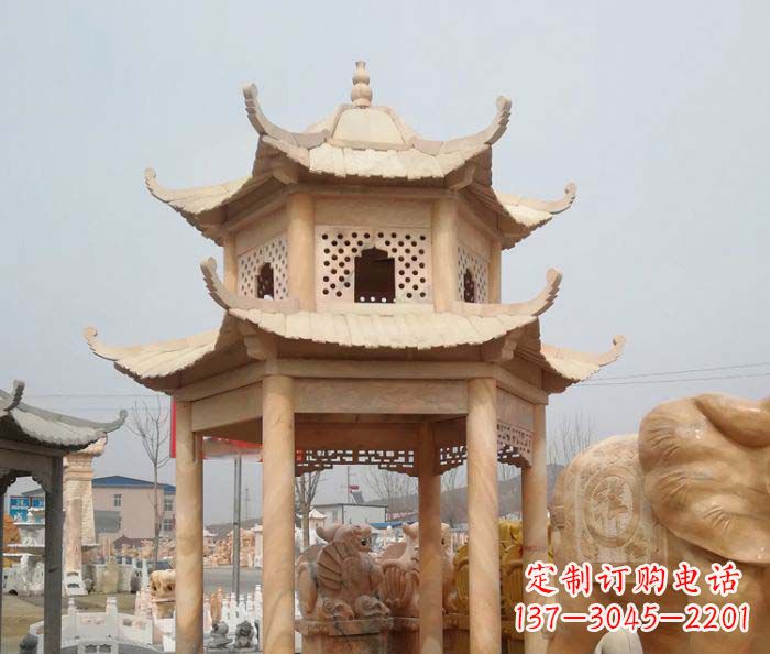 甘肃红双层六角石凉亭雕塑