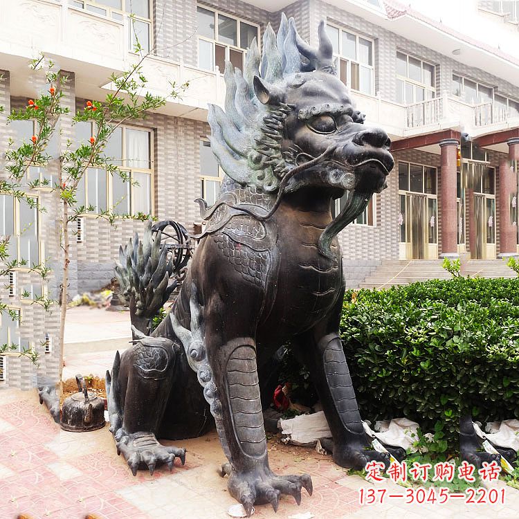 甘肃古铜色镇宅铜麒麟雕塑,精美绝伦!