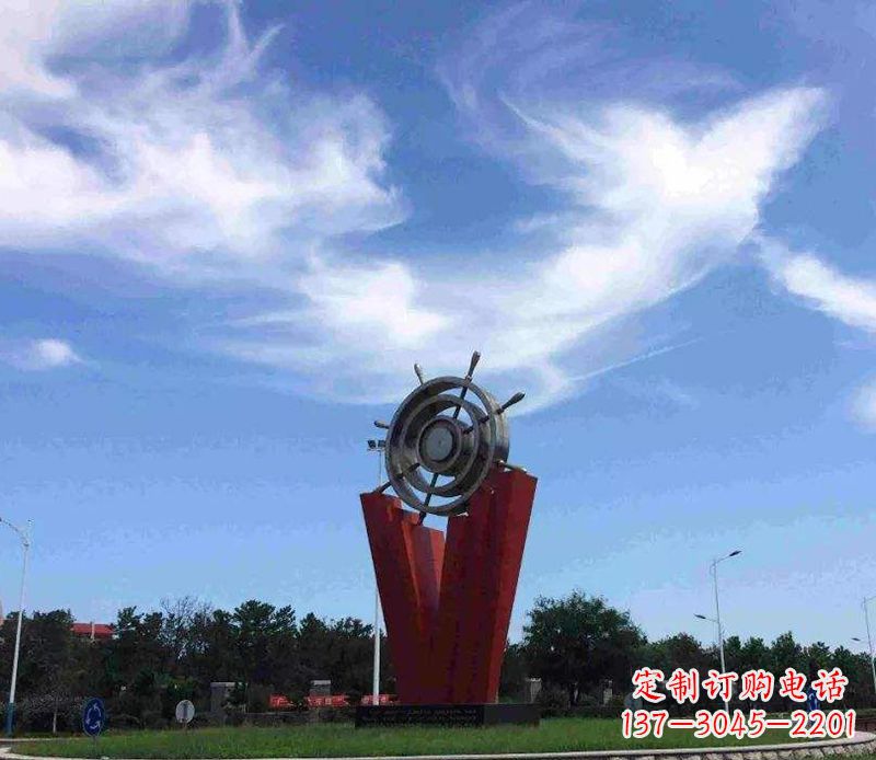 甘肃海上风情,精致大气的不锈钢船舵雕塑