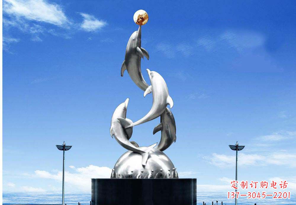 甘肃广场不锈钢海豚顶球雕塑