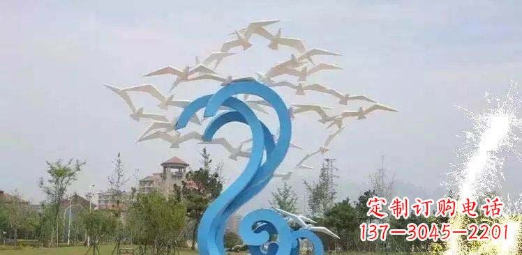 甘肃海边不锈钢海浪和海鸥雕塑