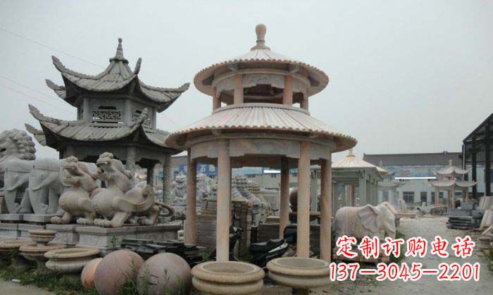 甘肃海边景观晚霞红圆顶石雕凉亭