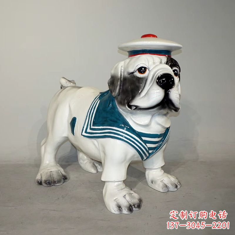 甘肃海军造型玻璃钢仿陶瓷斗牛犬狗雕塑