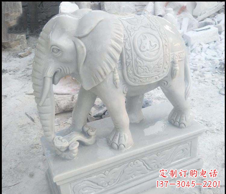 甘肃精美汉白玉吉祥鼻卷如意大象雕塑