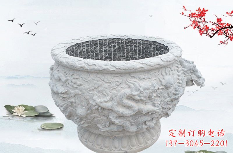甘肃汉白玉龙浮雕水缸,传承传统经典