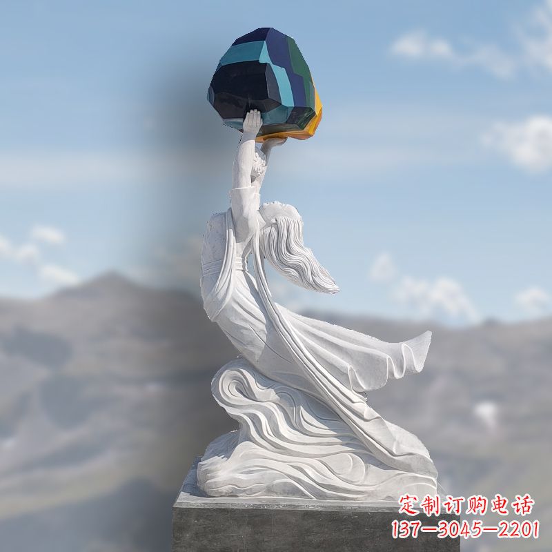 甘肃汉白玉女娲补天石雕雕塑摆件