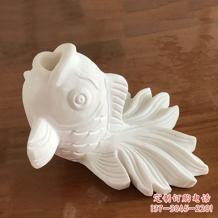 甘肃汉白玉喷水金鱼石雕-园林水景创意动物雕塑摆件