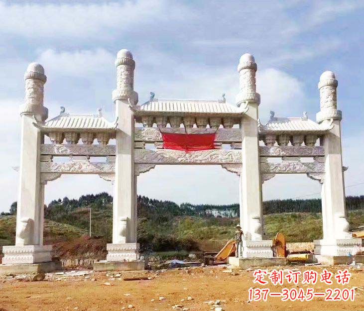 甘肃汉白玉三门牌坊石雕