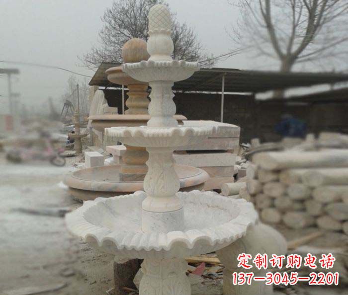 甘肃汉白玉三层别墅小型喷泉石雕