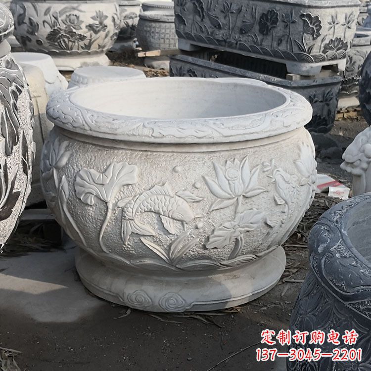 甘肃中领雕塑汉白玉石鱼缸雕塑,是一种精美的装…