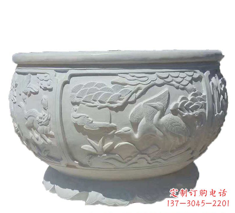 甘肃汉白玉松鹤延年浮雕水缸