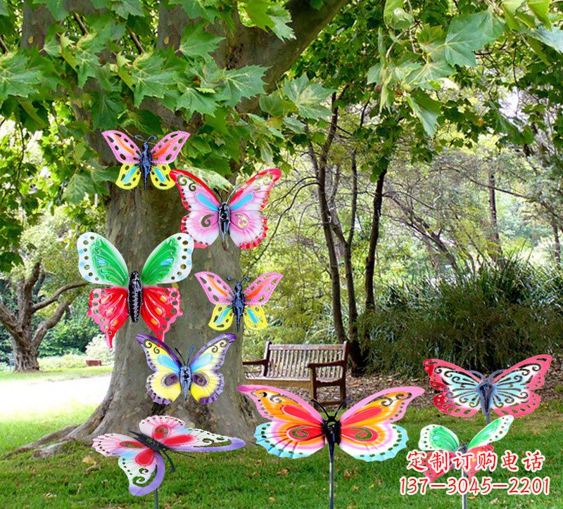甘肃户外园林铁艺蝴蝶插挂件,小区花园仿真昆虫雕塑摆件