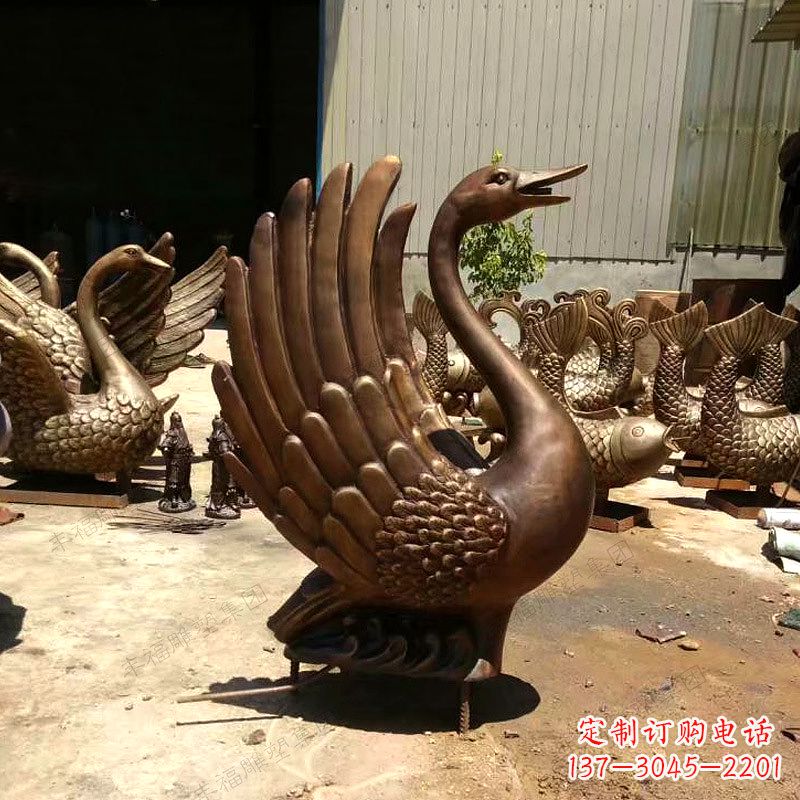 甘肃黄铜天鹅雕塑-纯铜铸造喷水天鹅喷泉雕塑