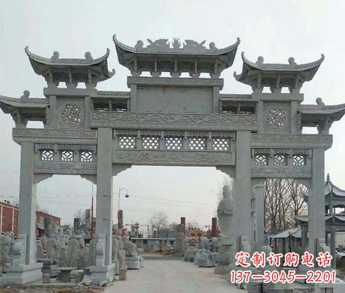 甘肃三门牌坊石雕,精美汉风石雕装饰景区