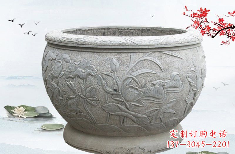 甘肃连年有余浮雕水缸石雕