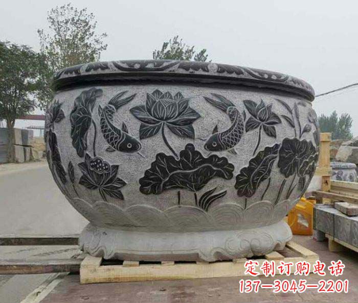 甘肃连年有余石浮雕仿古圆水缸 (2)