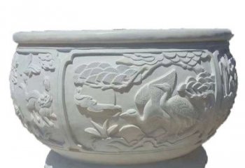 甘肃汉白玉松鹤延年浮雕水缸，带给您无尽的岁月美景
