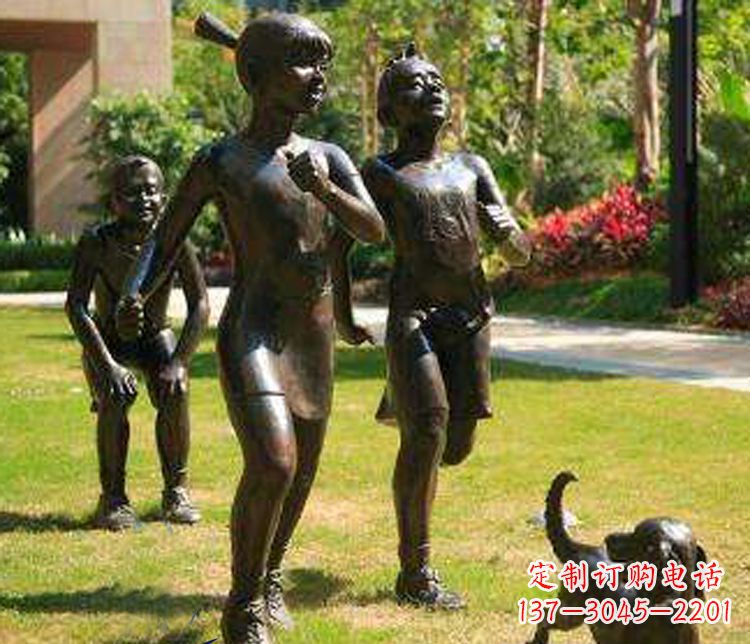 甘肃宁夏中领雕塑推出的儿童铜雕跑步遛狗,一款…