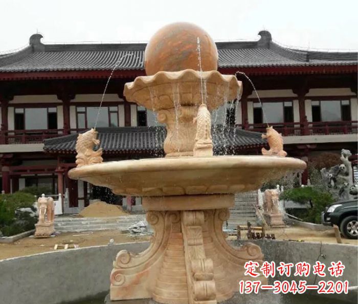 甘肃双层风水球喷泉晚霞红石雕