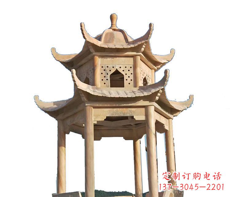 甘肃双层晚霞红凉亭石雕 (2)