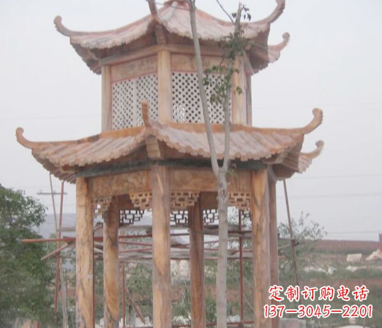 甘肃双层晚霞红石凉亭石雕 (2)